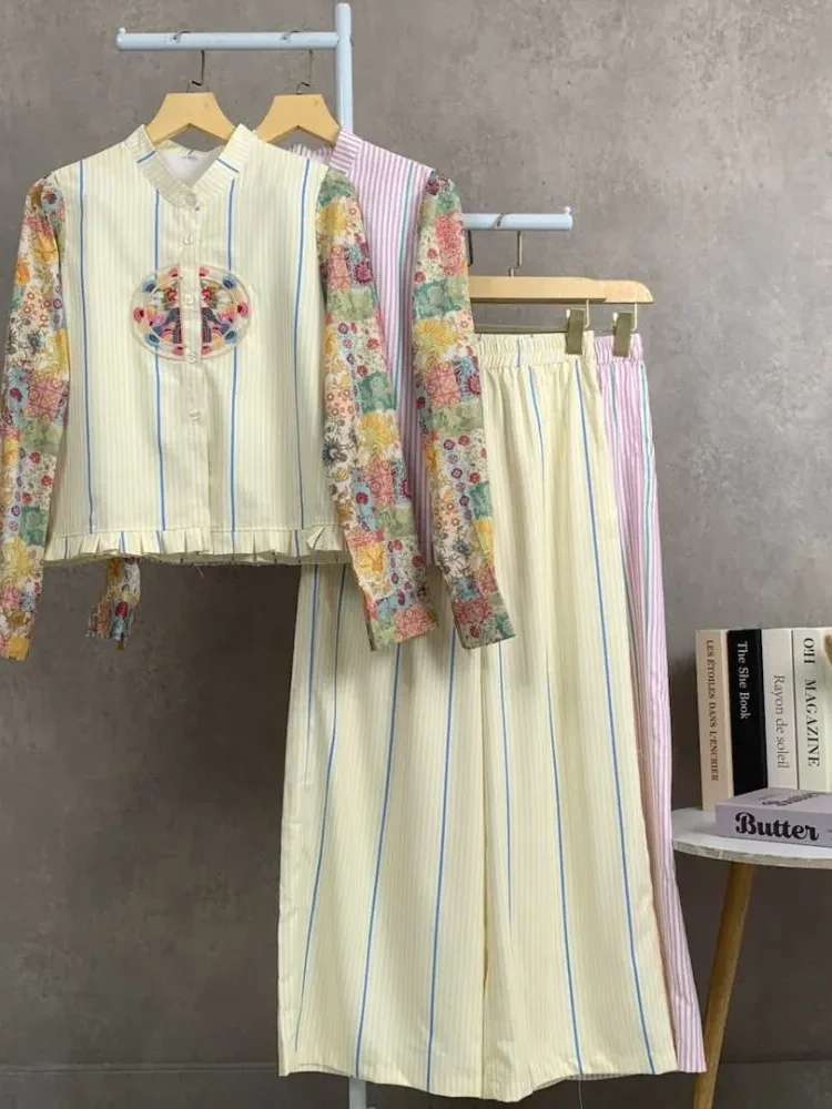 [READY STOCK]CHICMORE Setelan lengan panjang baru, atasan dengan motif bordir dekoratif, celana panjang lebar