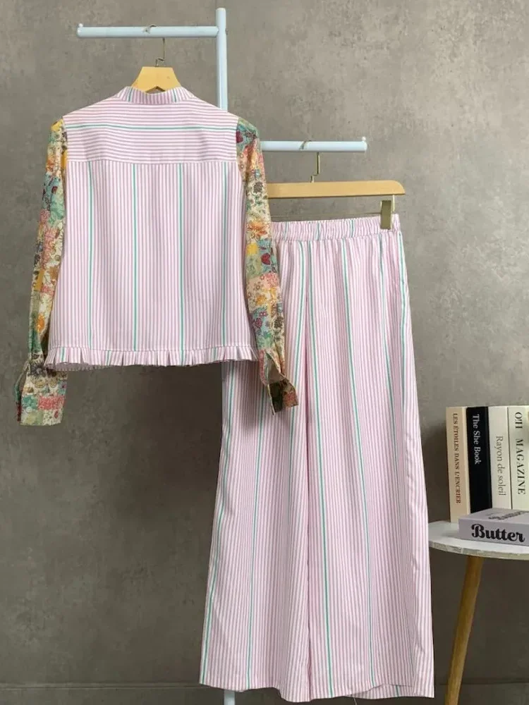 [READY STOCK]CHICMORE Setelan lengan panjang baru, atasan dengan motif bordir dekoratif, celana panjang lebar