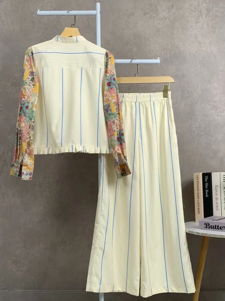 [READY STOCK]CHICMORE Setelan lengan panjang baru, atasan dengan motif bordir dekoratif, celana panjang lebar