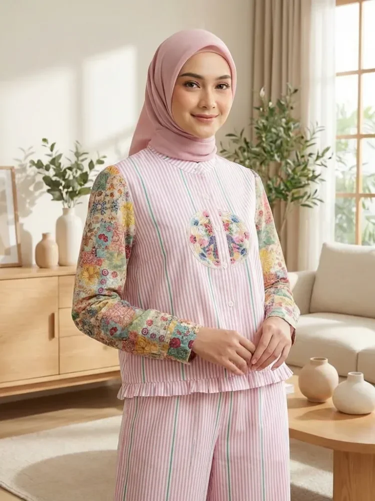 [READY STOCK]CHICMORE Setelan lengan panjang baru, atasan dengan motif bordir dekoratif, celana panjang lebar