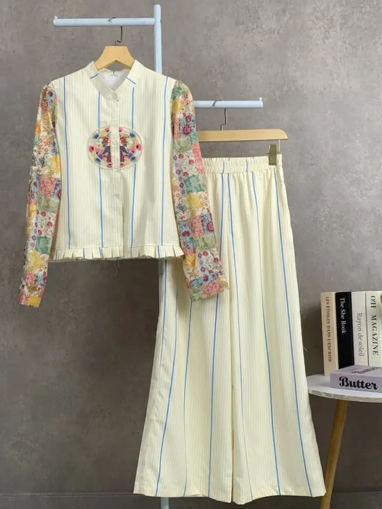 [READY STOCK]CHICMORE Setelan lengan panjang baru, atasan dengan motif bordir dekoratif, celana panjang lebar