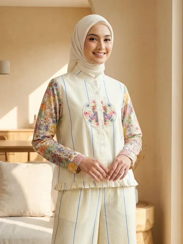 [READY STOCK]CHICMORE Setelan lengan panjang baru, atasan dengan motif bordir dekoratif, celana panjang lebar