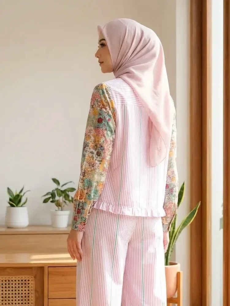 [READY STOCK]CHICMORE Setelan lengan panjang baru, atasan dengan motif bordir dekoratif, celana panjang lebar