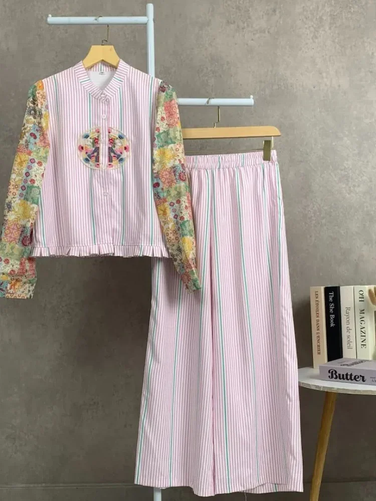 [READY STOCK]CHICMORE Setelan lengan panjang baru, atasan dengan motif bordir dekoratif, celana panjang lebar