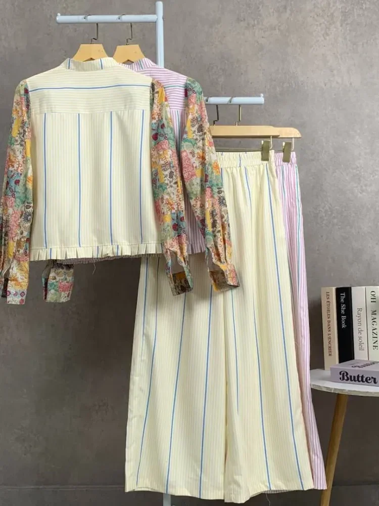 [READY STOCK]CHICMORE Setelan lengan panjang baru, atasan dengan motif bordir dekoratif, celana panjang lebar