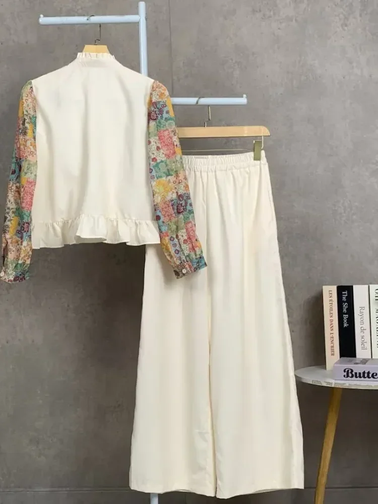 [DISKON KILAT]CHICMORE Set baju lengan panjang baru, kemeja cetak warna kontras dipasangkan dengan celana panjang, dilengkapi hiasan renda dan stiker sulaman