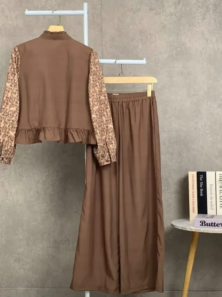 [DISKON KILAT]CHICMORE Set baju lengan panjang baru, kemeja cetak warna kontras dipasangkan dengan celana panjang, dilengkapi hiasan renda dan stiker sulaman