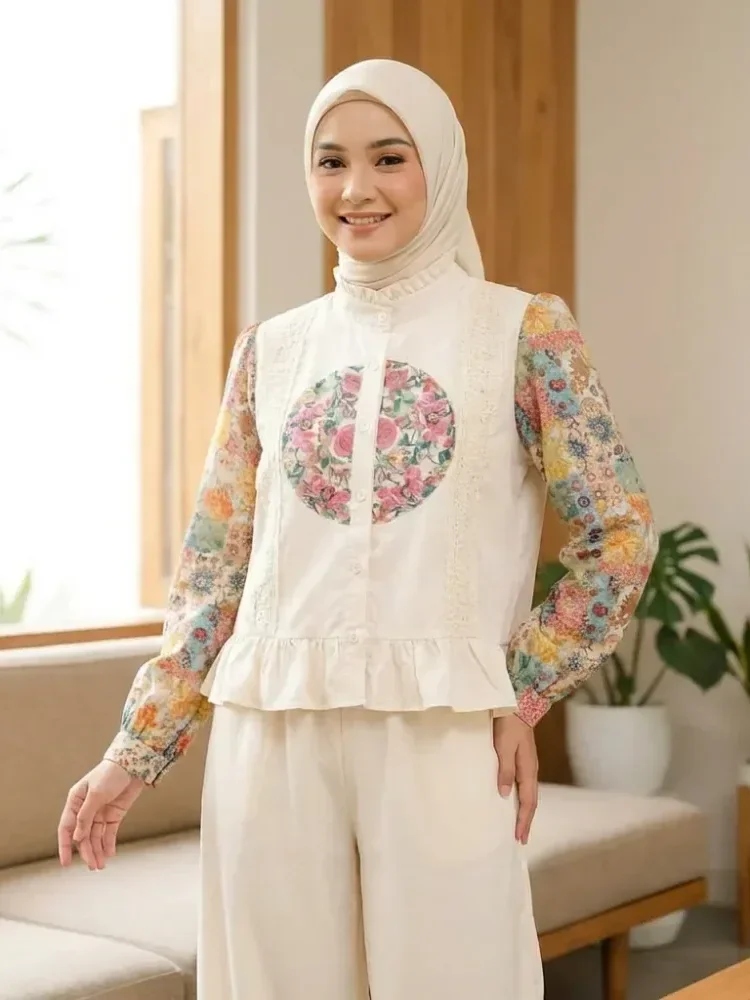 [DISKON KILAT]CHICMORE Set baju lengan panjang baru, kemeja cetak warna kontras dipasangkan dengan celana panjang, dilengkapi hiasan renda dan stiker sulaman