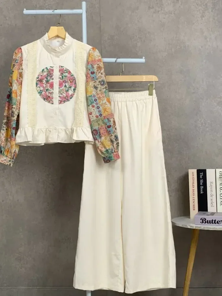 [DISKON KILAT]CHICMORE Set baju lengan panjang baru, kemeja cetak warna kontras dipasangkan dengan celana panjang, dilengkapi hiasan renda dan stiker sulaman