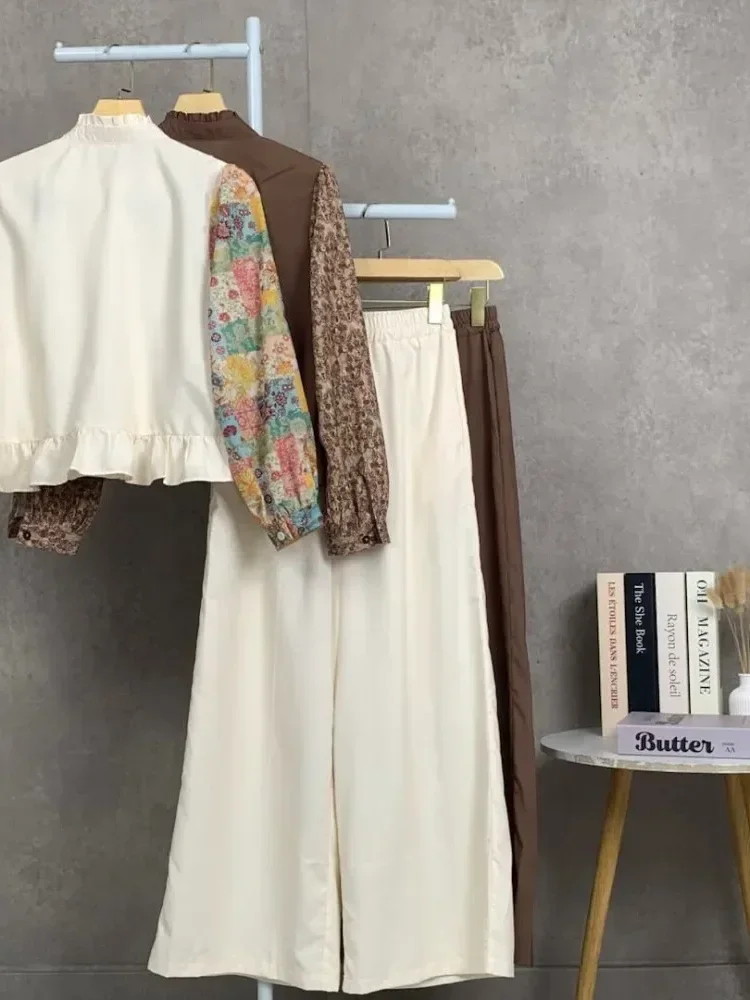[DISKON KILAT]CHICMORE Set baju lengan panjang baru, kemeja cetak warna kontras dipasangkan dengan celana panjang, dilengkapi hiasan renda dan stiker sulaman