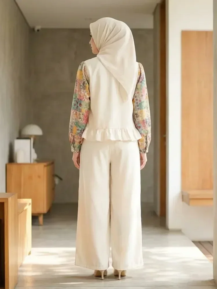 [DISKON KILAT]CHICMORE Set baju lengan panjang baru, kemeja cetak warna kontras dipasangkan dengan celana panjang, dilengkapi hiasan renda dan stiker sulaman