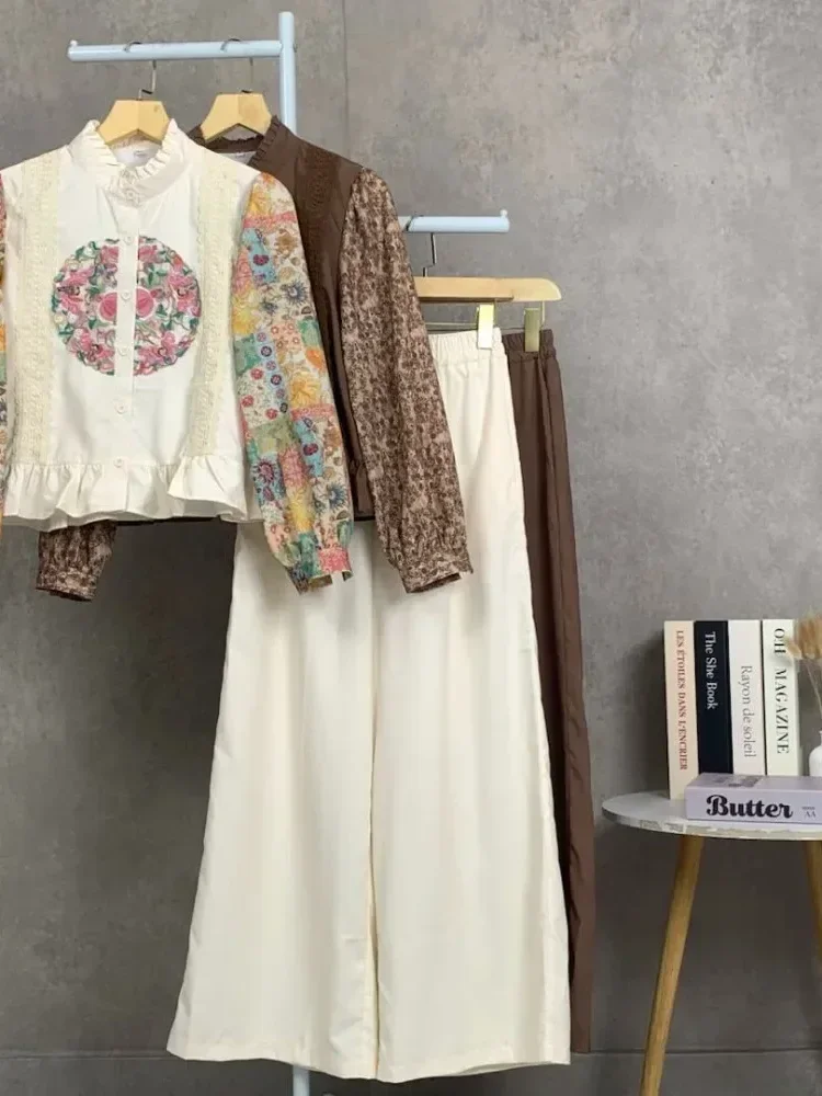 [DISKON KILAT]CHICMORE Set baju lengan panjang baru, kemeja cetak warna kontras dipasangkan dengan celana panjang, dilengkapi hiasan renda dan stiker sulaman