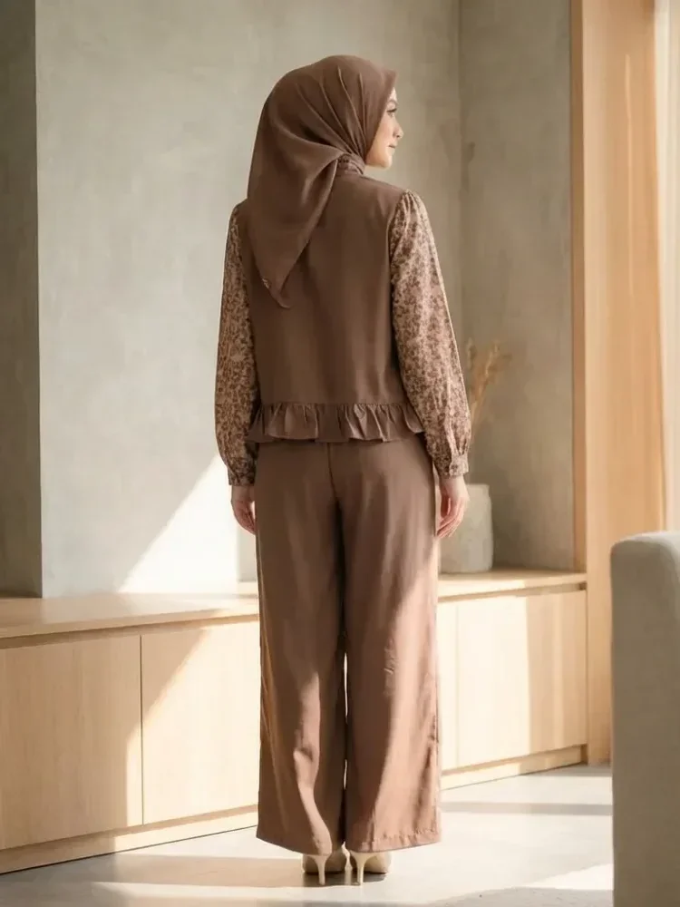 [DISKON KILAT]CHICMORE Set baju lengan panjang baru, kemeja cetak warna kontras dipasangkan dengan celana panjang, dilengkapi hiasan renda dan stiker sulaman