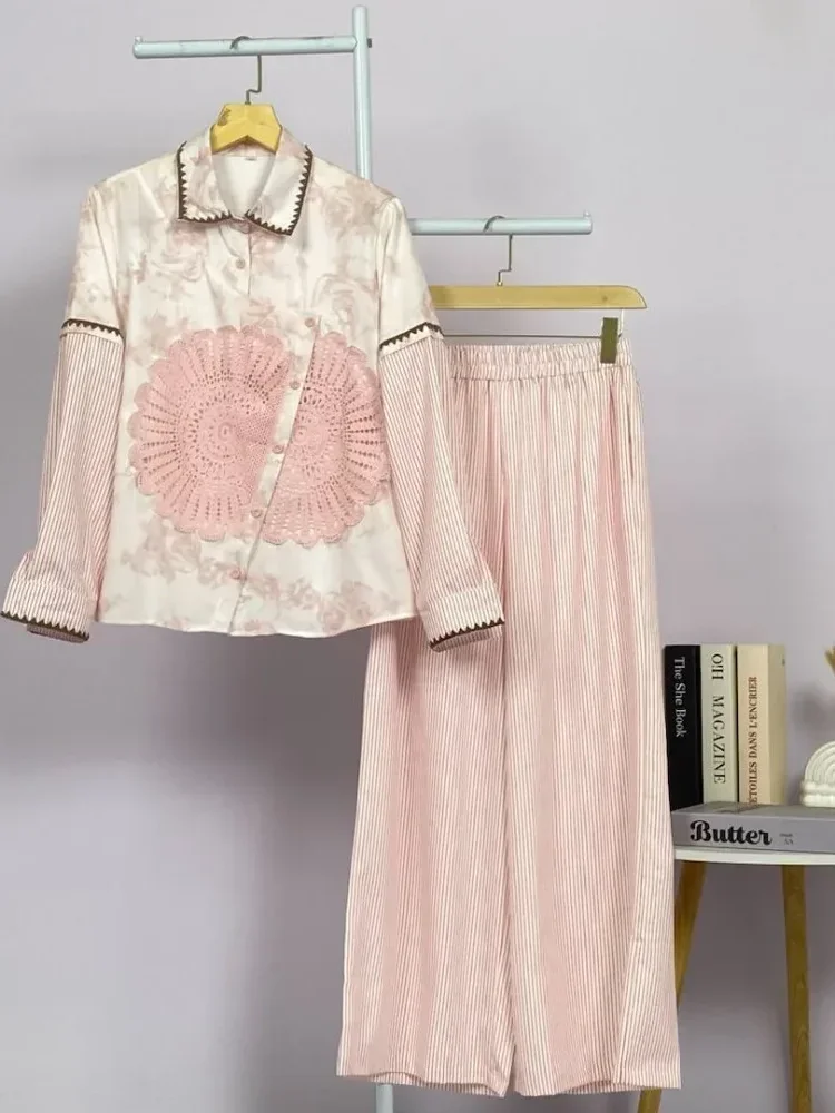 CHICMORE Set baju lengan panjang baru, kemeja bermotif dipadukan dengan celana panjang, desain pseudo dua lapis, hiasan renda