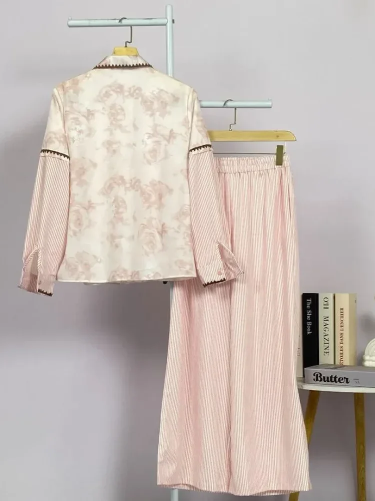 CHICMORE Set baju lengan panjang baru, kemeja bermotif dipadukan dengan celana panjang, desain pseudo dua lapis, hiasan renda