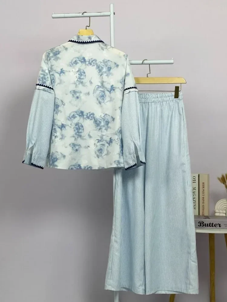 CHICMORE Set baju lengan panjang baru, kemeja bermotif dipadukan dengan celana panjang, desain pseudo dua lapis, hiasan renda