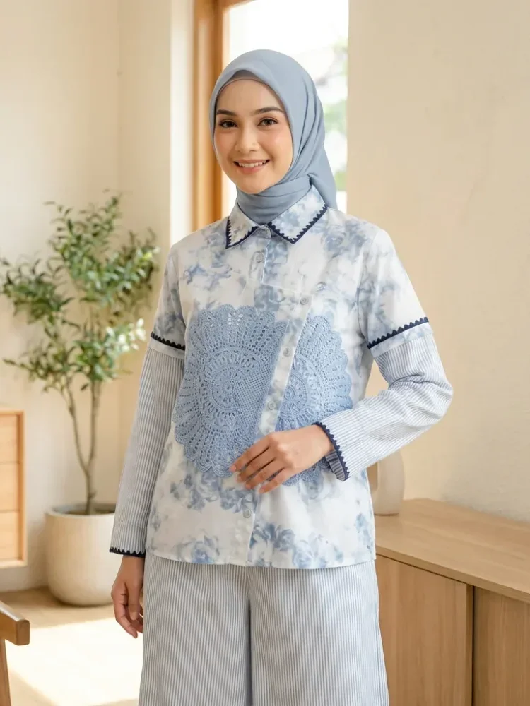 CHICMORE Set baju lengan panjang baru, kemeja bermotif dipadukan dengan celana panjang, desain pseudo dua lapis, hiasan renda