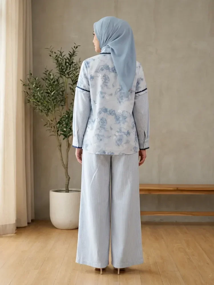 CHICMORE Set baju lengan panjang baru, kemeja bermotif dipadukan dengan celana panjang, desain pseudo dua lapis, hiasan renda
