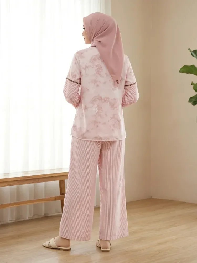 CHICMORE Set baju lengan panjang baru, kemeja bermotif dipadukan dengan celana panjang, desain pseudo dua lapis, hiasan renda