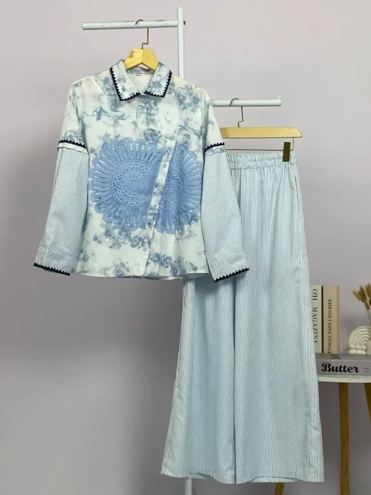 CHICMORE Set baju lengan panjang baru, kemeja bermotif dipadukan dengan celana panjang, desain pseudo dua lapis, hiasan renda