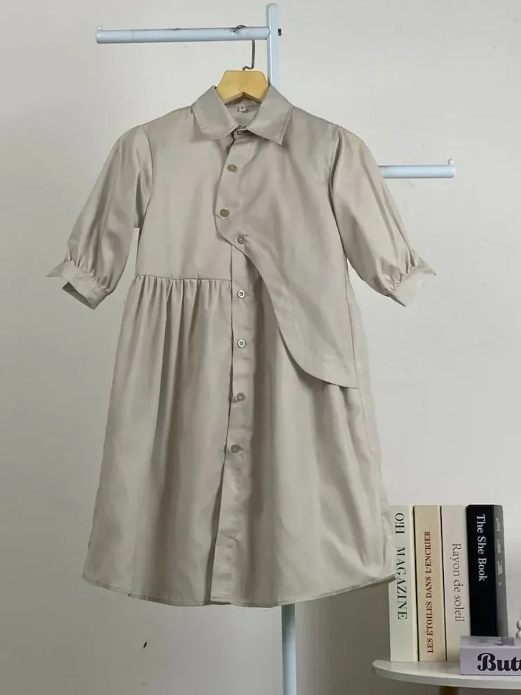 [NEW]CHICMORE Gaun kemeja lengan tiga perempat dengan warna polos dan rok midi