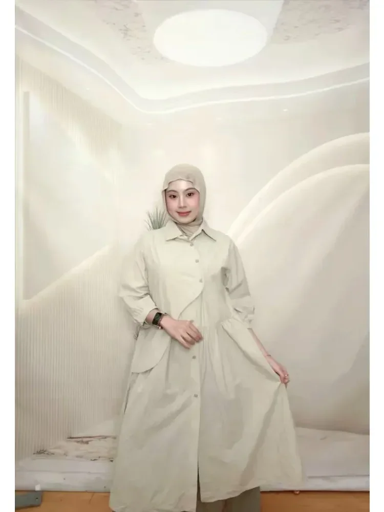 [NEW]CHICMORE Gaun kemeja lengan tiga perempat dengan warna polos dan rok midi