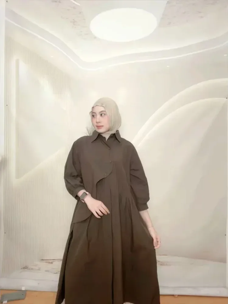 [NEW]CHICMORE Gaun kemeja lengan tiga perempat dengan warna polos dan rok midi