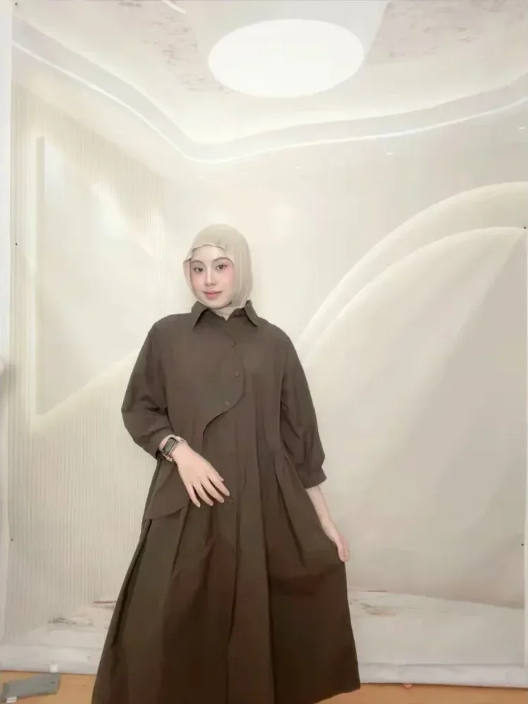 [NEW]CHICMORE Gaun kemeja lengan tiga perempat dengan warna polos dan rok midi