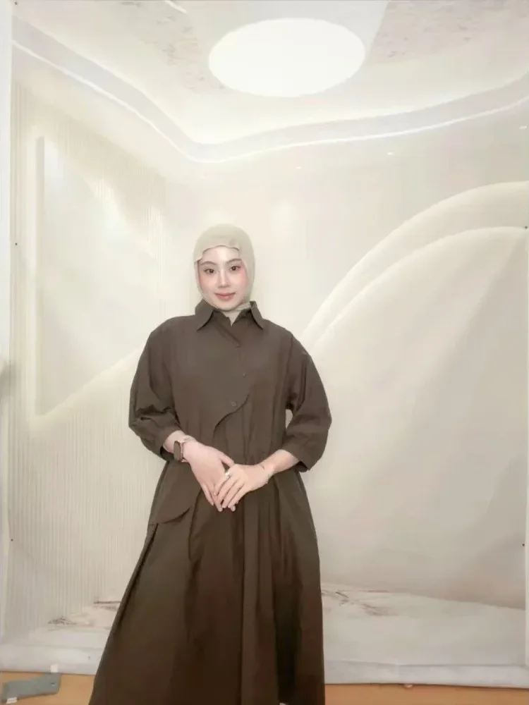 [NEW]CHICMORE Gaun kemeja lengan tiga perempat dengan warna polos dan rok midi