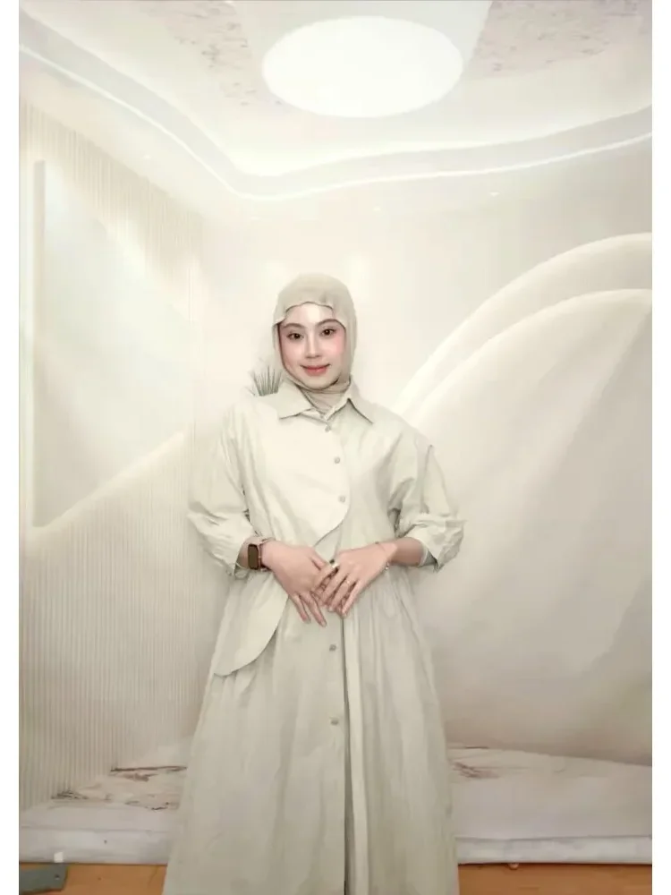 [NEW]CHICMORE Gaun kemeja lengan tiga perempat dengan warna polos dan rok midi