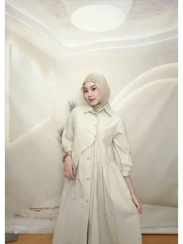 [NEW]CHICMORE Gaun kemeja lengan tiga perempat dengan warna polos dan rok midi