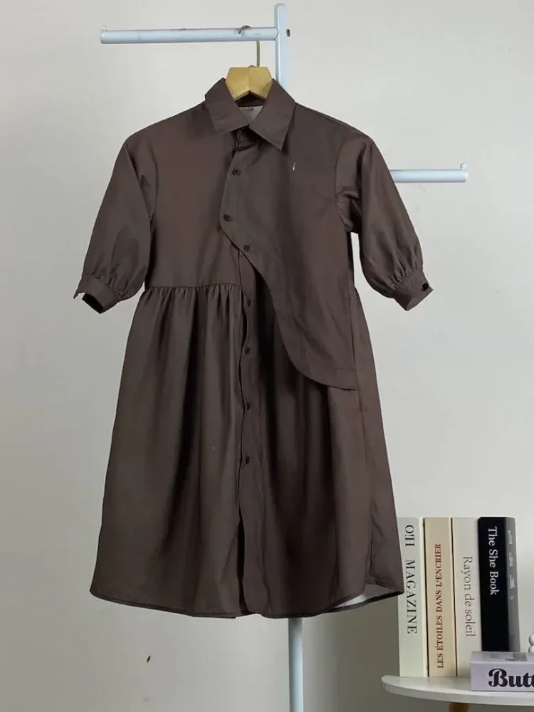 CHICMORE 【penawaran spesial】gaun kemeja lengan tiga perempat dengan warna polos dan rok midi