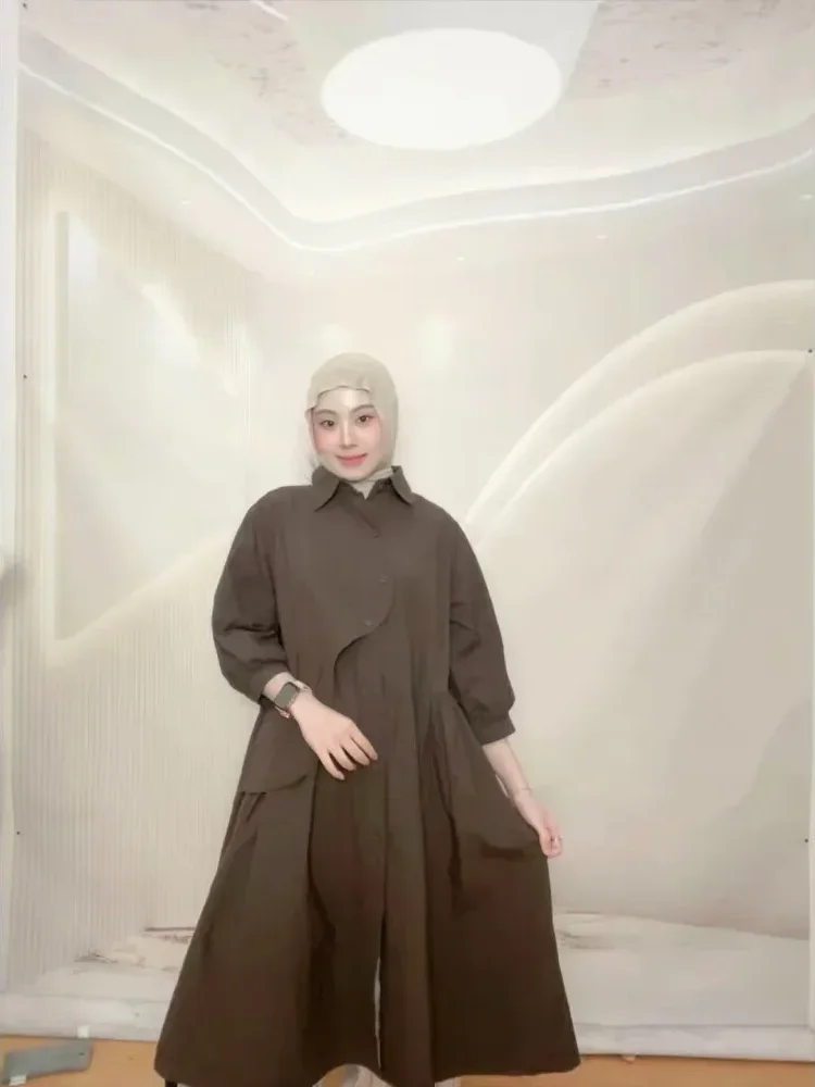 CHICMORE 【penawaran spesial】gaun kemeja lengan tiga perempat dengan warna polos dan rok midi