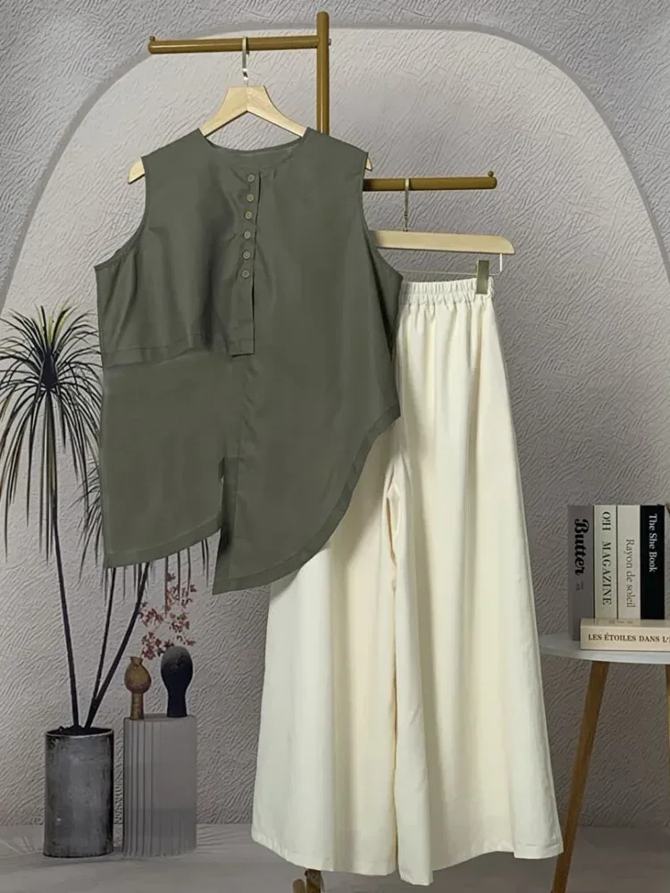 [NEW]CHICMORE Setelan wanita dua potong kekinian tanpa lengan dengan celana panjang kaki lebar