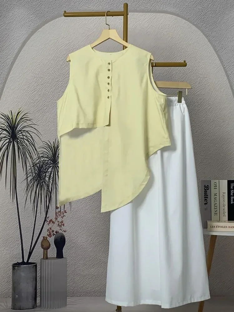 [NEW]CHICMORE Setelan wanita dua potong kekinian tanpa lengan dengan celana panjang kaki lebar