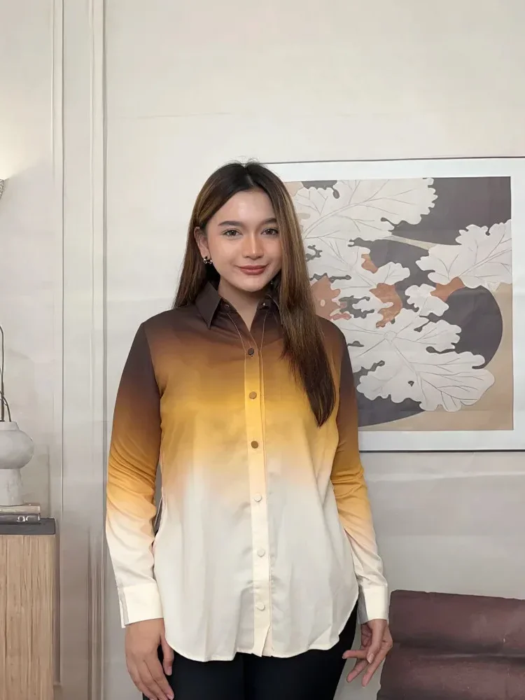 [DISKON KILAT]CHICMORE Atasan kemeja longgar untuk wanita warna kontras gaya retro