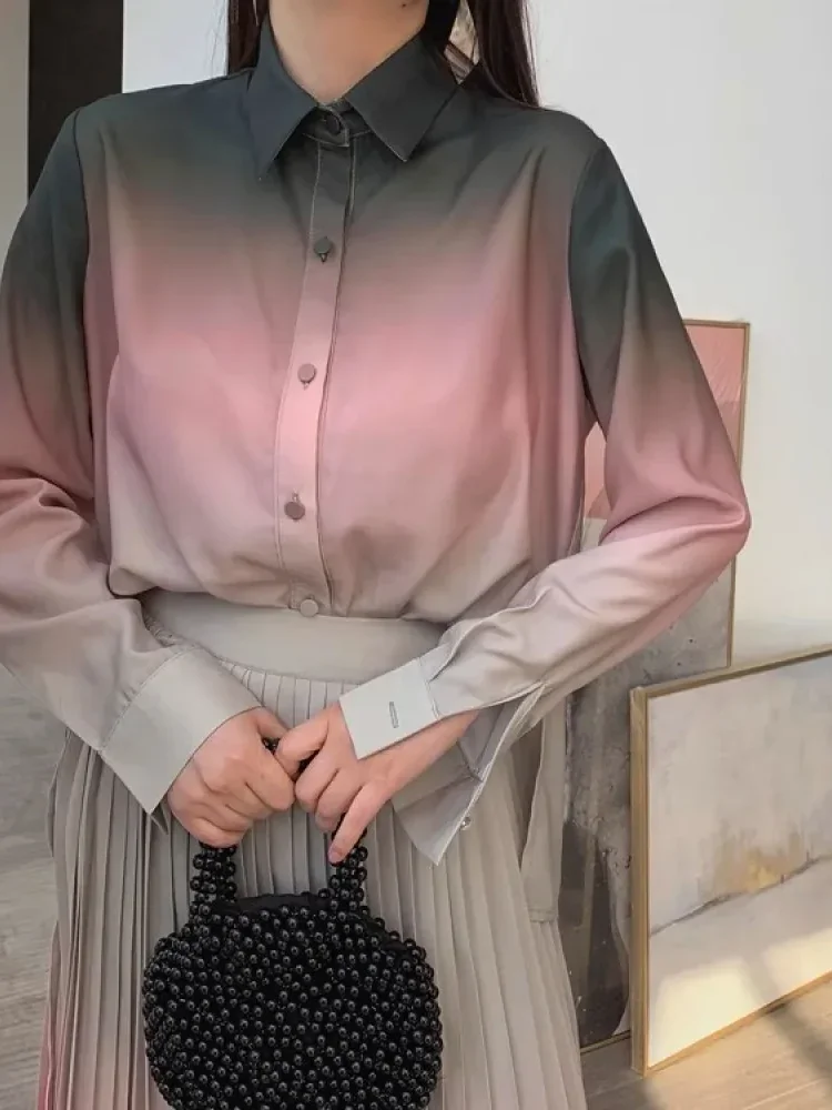 [DISKON KILAT]CHICMORE Atasan kemeja longgar untuk wanita warna kontras gaya retro