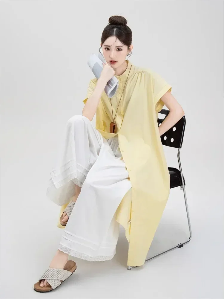 [NEW]CHICMORE Gaun kemeja longgar lengan pendek warna kontras modis