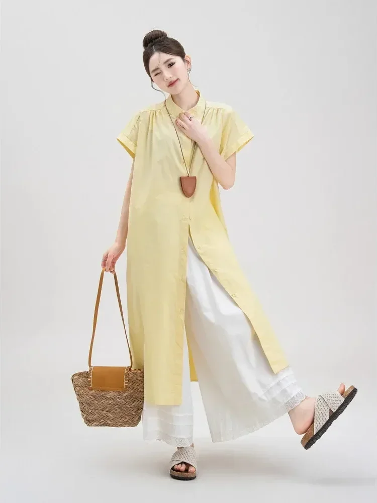 [NEW]CHICMORE Gaun kemeja longgar lengan pendek warna kontras modis