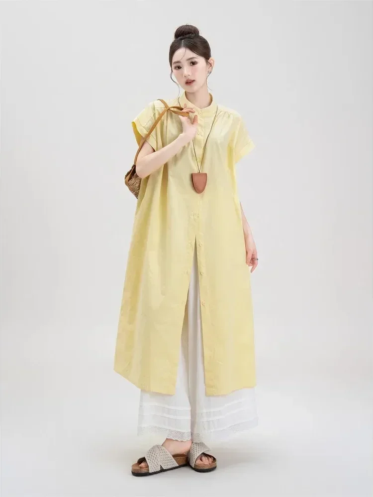 [NEW]CHICMORE Gaun kemeja longgar lengan pendek warna kontras modis