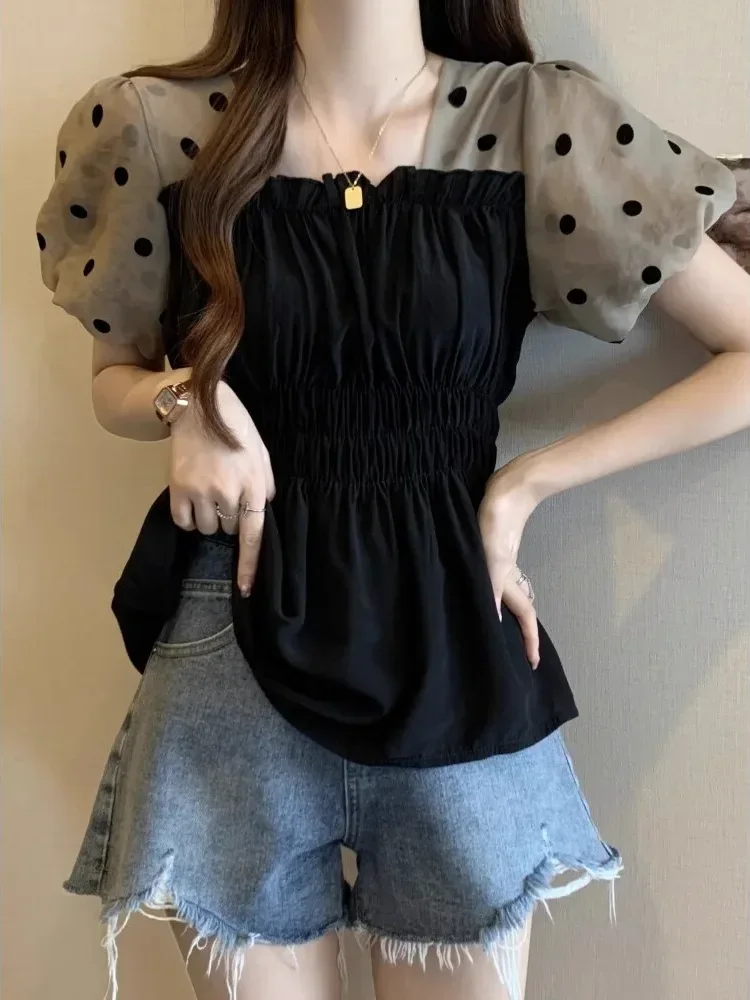 CHICMORE Atasan kemeja wanita pinggang ramping lengan puff ramping blus leher persegi untuk wanita