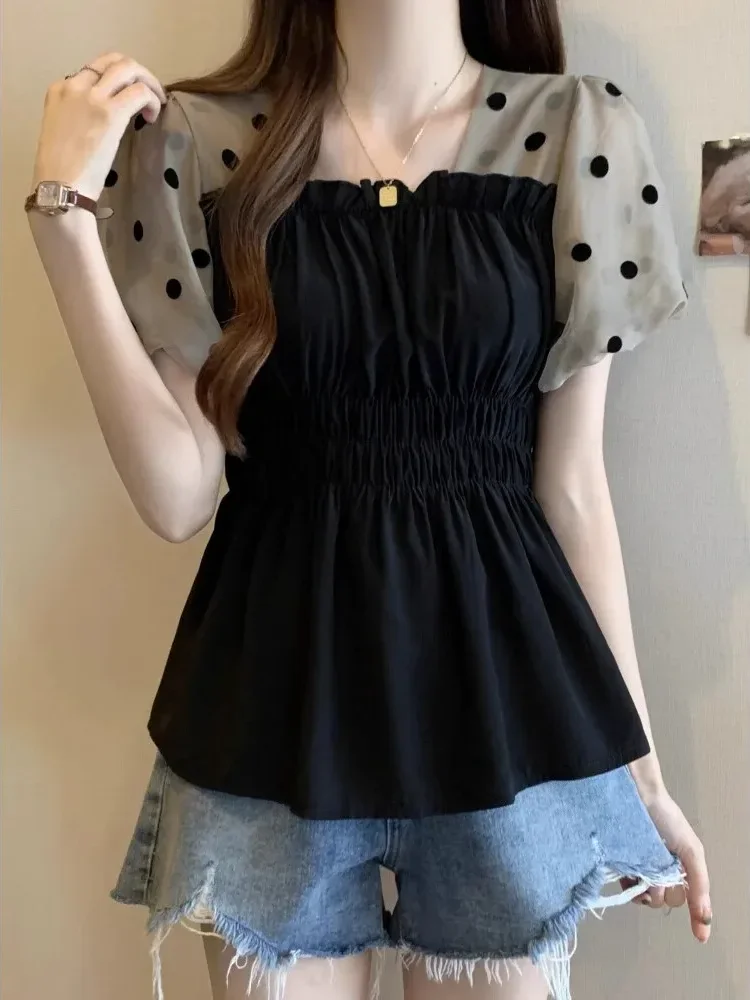 CHICMORE Atasan kemeja wanita pinggang ramping lengan puff ramping blus leher persegi untuk wanita