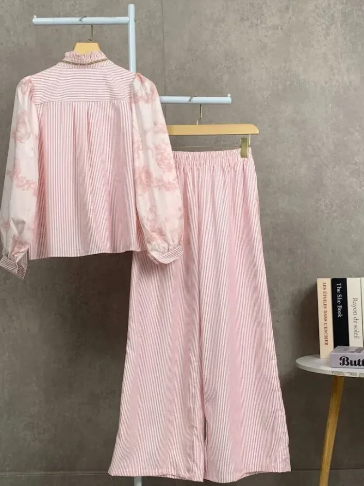 [READY STOCK]CHICMORE Setelan wanita motif patchwork terbaru dengan kemeja lengan panjang bermotif garis bunga dan celana panjang lebar