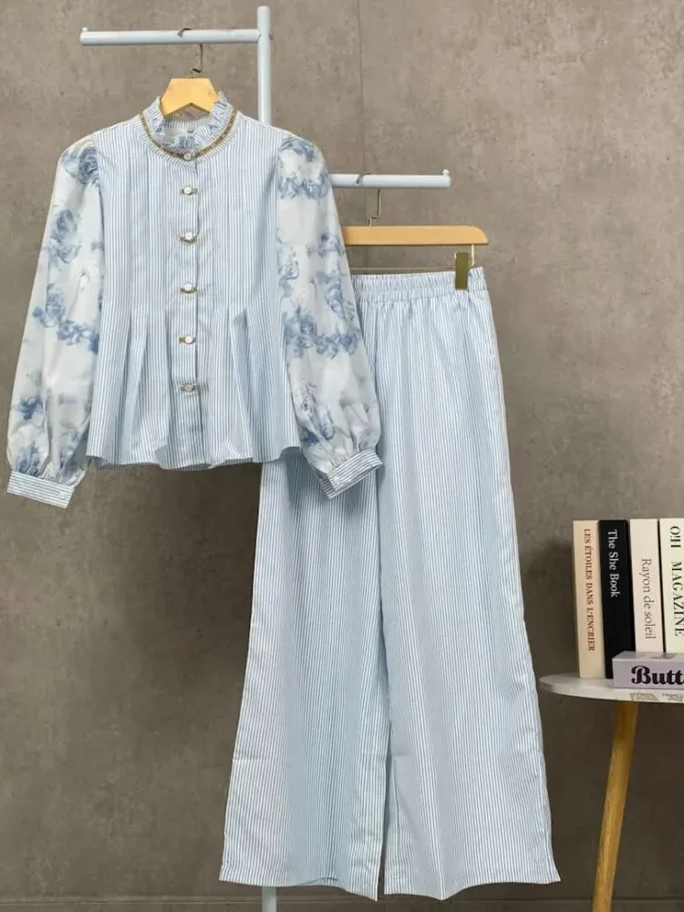 [READY STOCK]CHICMORE Setelan wanita motif patchwork terbaru dengan kemeja lengan panjang bermotif garis bunga dan celana panjang lebar