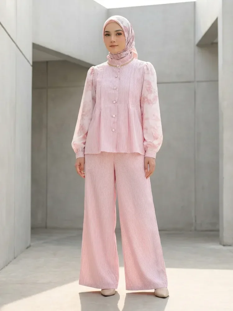 [READY STOCK]CHICMORE Setelan wanita motif patchwork terbaru dengan kemeja lengan panjang bermotif garis bunga dan celana panjang lebar