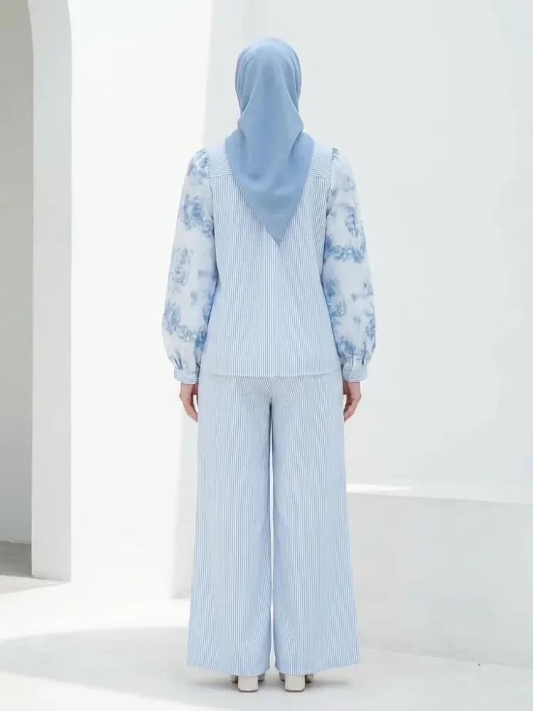 [READY STOCK]CHICMORE Setelan wanita motif patchwork terbaru dengan kemeja lengan panjang bermotif garis bunga dan celana panjang lebar