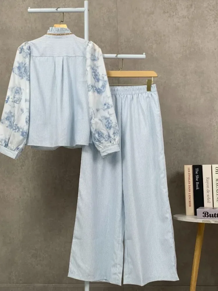 [READY STOCK]CHICMORE Setelan wanita motif patchwork terbaru dengan kemeja lengan panjang bermotif garis bunga dan celana panjang lebar