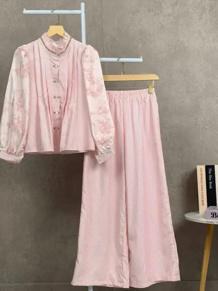 [READY STOCK]CHICMORE Setelan wanita motif patchwork terbaru dengan kemeja lengan panjang bermotif garis bunga dan celana panjang lebar