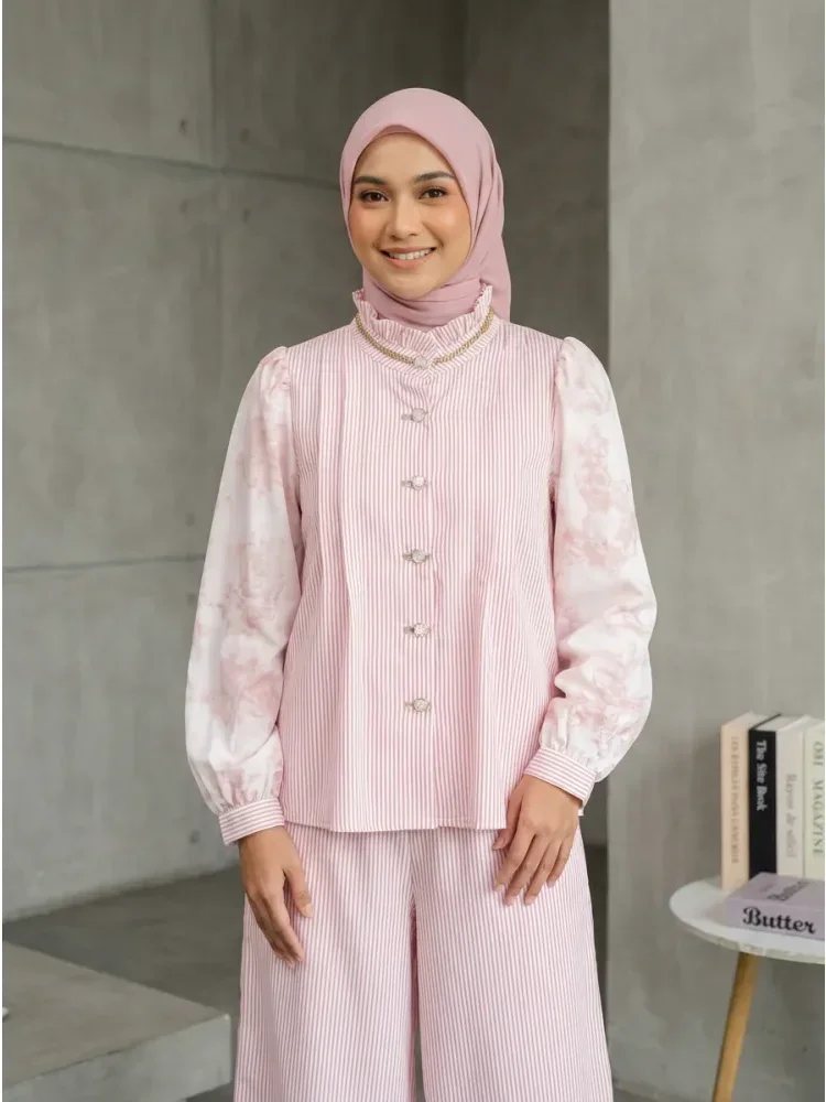 [READY STOCK]CHICMORE Setelan wanita motif patchwork terbaru dengan kemeja lengan panjang bermotif garis bunga dan celana panjang lebar