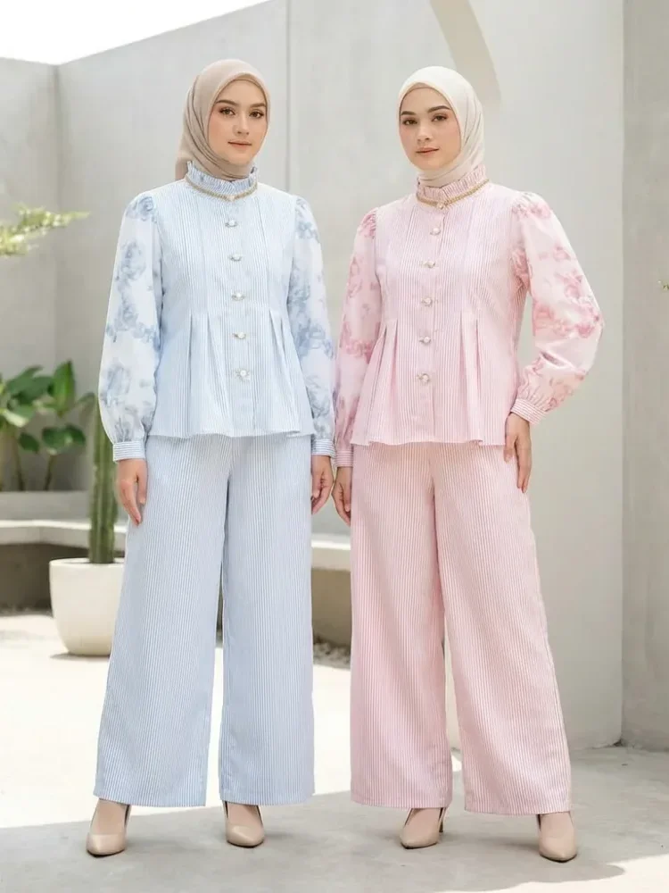 [READY STOCK]CHICMORE Setelan wanita motif patchwork terbaru dengan kemeja lengan panjang bermotif garis bunga dan celana panjang lebar